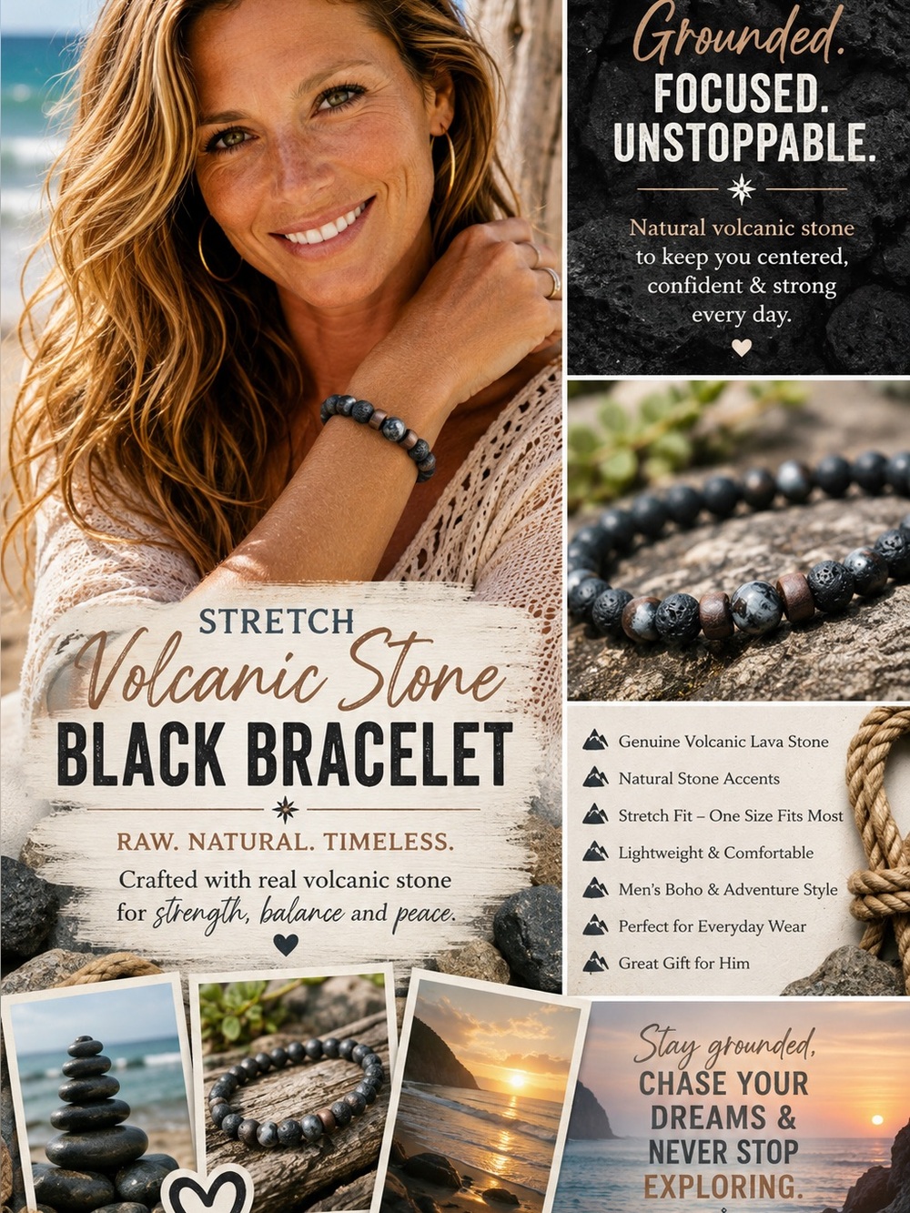 Stretch Volcanic Stone Black Bracelet